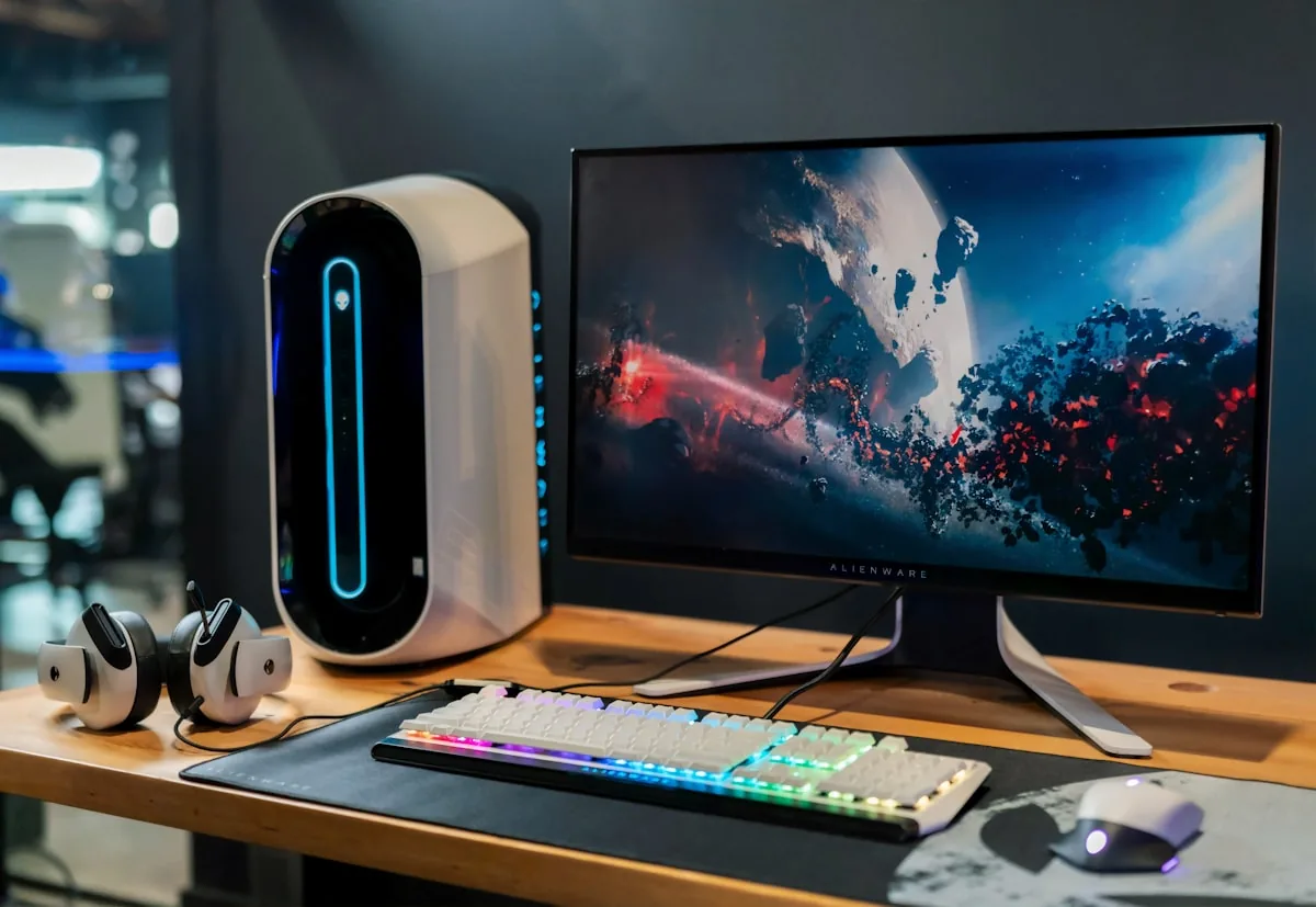 Curved gaming monitor lit by neon